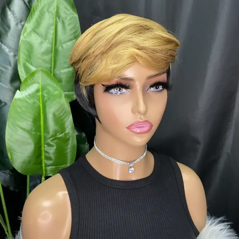 WAVY OMBRE BROWN MIXED BLACK WIG SHORT PIXIE WIG WITH SIDE PART BANGS NATURAL LOOKING LAYERED HAIR 6 INCH