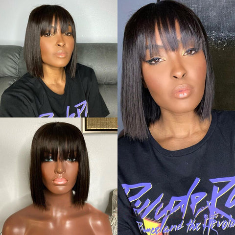 Short Bob Wig With Bangs Straight Brazilian Hair Wigs