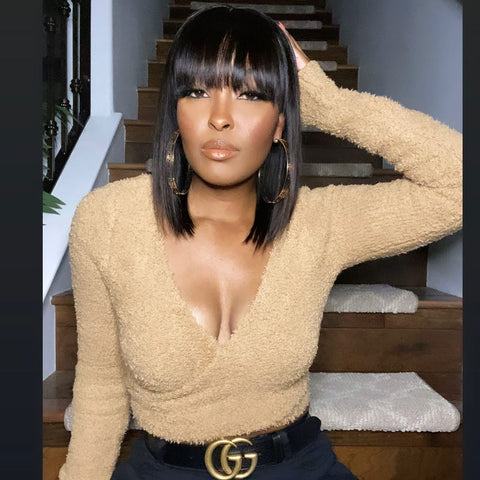 Short Bob Wig With Bangs Straight Brazilian Hair Wigs