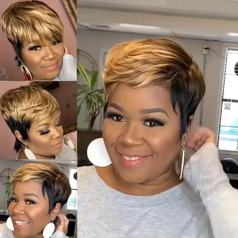 WAVY OMBRE BROWN MIXED BLACK WIG SHORT PIXIE WIG WITH SIDE PART BANGS NATURAL LOOKING LAYERED HAIR 6 INCH