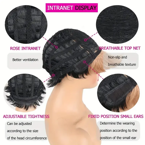 WAVY OMBRE BROWN MIXED BLACK WIG SHORT PIXIE WIG WITH SIDE PART BANGS NATURAL LOOKING LAYERED HAIR 6 INCH